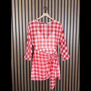Lovers + Friends Wrap Dress Small Women Red White Picnic Gingham Sheer Waist Tie
